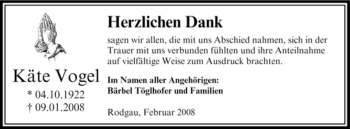 Todesanzeige von Käte Vogel von OFFENBACH-POST/HANAU-POST