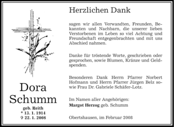 Todesanzeige von Dora Schumm von OFFENBACH-POST/HANAU-POST