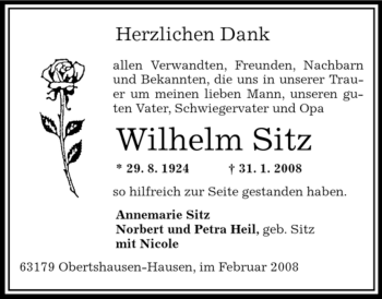 Todesanzeige von Wilhelm Sitz von OFFENBACH-POST/HANAU-POST