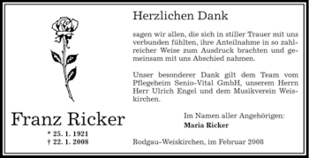 Todesanzeige von Franz Ricker von OFFENBACH-POST/HANAU-POST