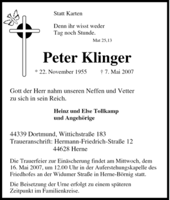 Todesanzeige von Peter Klinger von OFFENBACH-POST/HANAU-POST