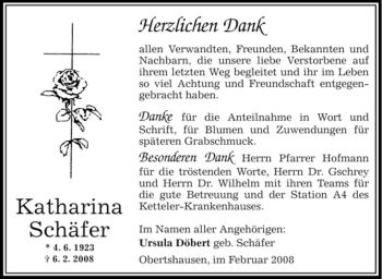 Todesanzeige von Katharina Schäfer von OFFENBACH-POST/HANAU-POST