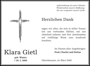 Todesanzeige von Klara Gietl von OFFENBACH-POST/HANAU-POST