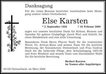 Todesanzeige von Else Karsten von OFFENBACH-POST/HANAU-POST