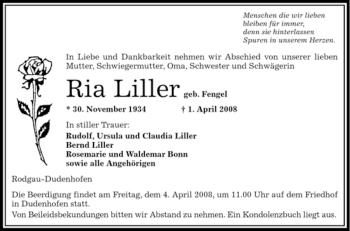 Todesanzeige von Ria Liller von OFFENBACH-POST/HANAU-POST