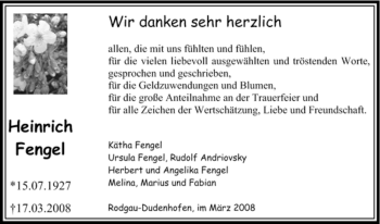 Todesanzeige von Heinrich Fengel von OFFENBACH-POST/HANAU-POST