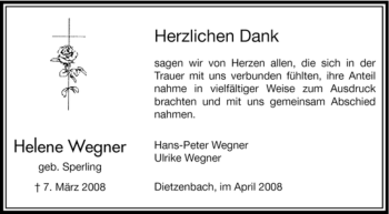 Todesanzeige von Helene Wegner von OFFENBACH-POST/HANAU-POST
