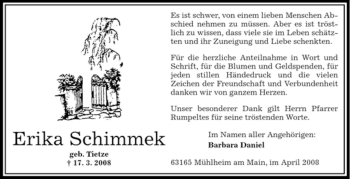 Todesanzeige von Erika Schimmek von OFFENBACH-POST/HANAU-POST