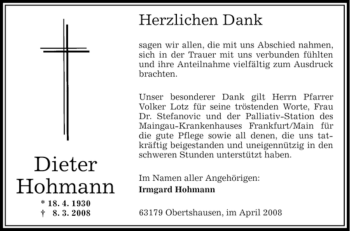 Todesanzeige von Dieter Hohmann von OFFENBACH-POST/HANAU-POST