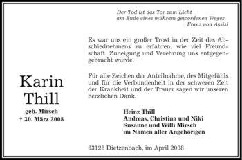 Todesanzeige von Karin Thill von OFFENBACH-POST/HANAU-POST