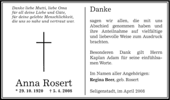 Todesanzeige von Anna Rosert von OFFENBACH-POST/HANAU-POST