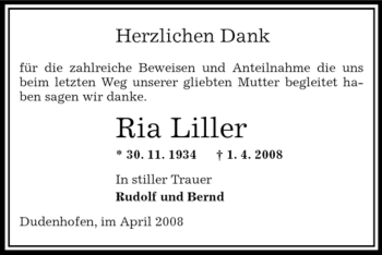 Todesanzeige von Ria Liller von OFFENBACH-POST/HANAU-POST