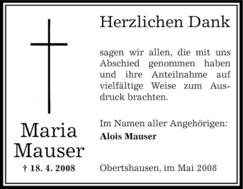 Todesanzeige von Maria Mauser von OFFENBACH-POST/HANAU-POST