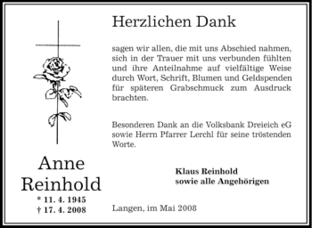 Todesanzeige von Anne Reinhold von OFFENBACH-POST/HANAU-POST