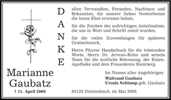 Todesanzeige von Marianne Gaubatz von OFFENBACH-POST/HANAU-POST