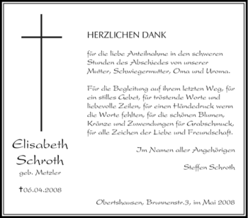 Todesanzeige von Elisabeth Schroth von OFFENBACH-POST/HANAU-POST