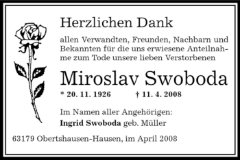 Todesanzeige von Miroslav Swoboda von OFFENBACH-POST/HANAU-POST