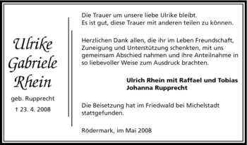 Todesanzeige von Ulrike Gabriele Rhein von OFFENBACH-POST/HANAU-POST