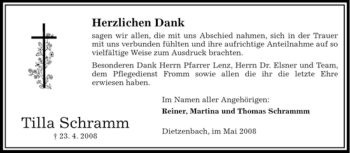 Todesanzeige von Tilla Schramm von OFFENBACH-POST/HANAU-POST