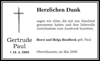 Todesanzeige von Gertrude Paul von OFFENBACH-POST/HANAU-POST