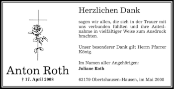 Todesanzeige von Anton Roth von OFFENBACH-POST/HANAU-POST