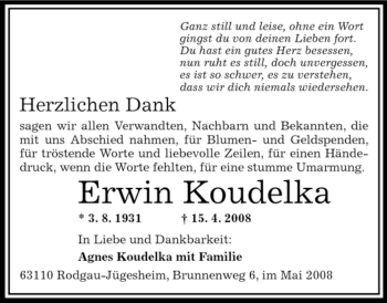 Todesanzeige von Erwin Koudelka von OFFENBACH-POST/HANAU-POST