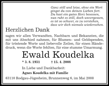 Todesanzeige von Ewald Koudelka von OFFENBACH-POST/HANAU-POST
