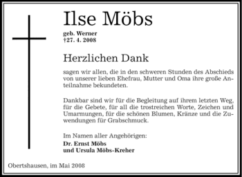 Todesanzeige von Ilse Möbs von OFFENBACH-POST/HANAU-POST