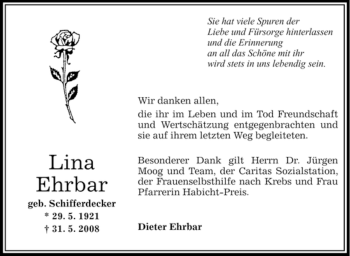 Todesanzeige von Lina Ehrbar von OFFENBACH-POST/HANAU-POST
