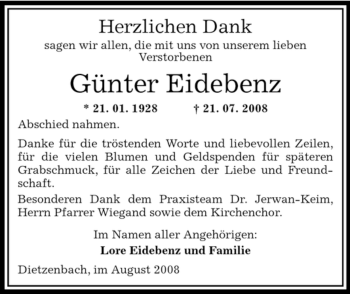 Todesanzeige von Günter Eidebenz von OFFENBACH-POST/HANAU-POST