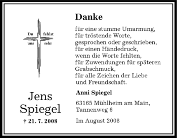 Todesanzeige von Jens Spiegel von OFFENBACH-POST/HANAU-POST