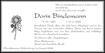 Todesanzeige von Doris Bindemann von OFFENBACH-POST/HANAU-POST