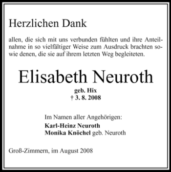 Todesanzeige von Elisabeth Neuroth von OFFENBACH-POST/HANAU-POST