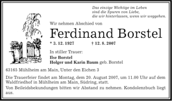 Todesanzeige von Ferdinand Borstel von OFFENBACH-POST/HANAU-POST