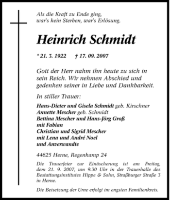 Todesanzeige von Heinrich Schmidt von OFFENBACH-POST/HANAU-POST