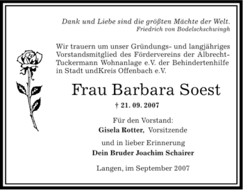 Todesanzeige von Barbara Soest von OFFENBACH-POST/HANAU-POST