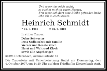 Todesanzeige von Heinrich Schmidt von OFFENBACH-POST/HANAU-POST