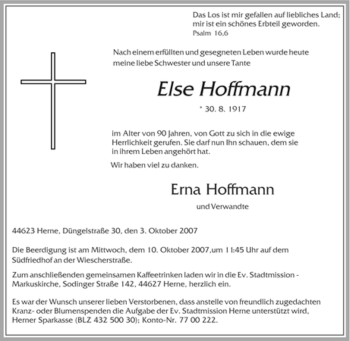 Todesanzeige von Else Hoffmann von OFFENBACH-POST/HANAU-POST