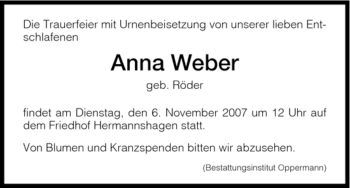 Todesanzeige von Anna Weber von OFFENBACH-POST/HANAU-POST