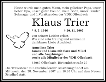 Todesanzeige von Klaus Bez. 22 OF Trier von OFFENBACH-POST/HANAU-POST