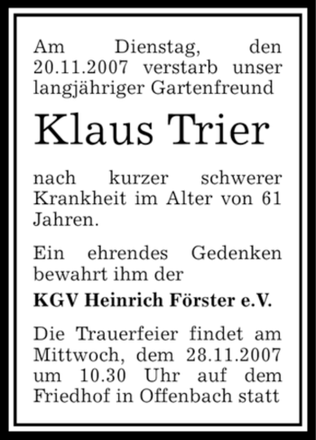 Todesanzeige von Klaus Trier von OFFENBACH-POST/HANAU-POST