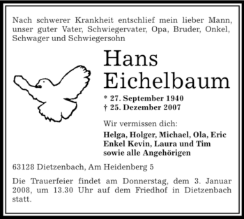 Todesanzeige von Hans Eichelbaum von OFFENBACH-POST/HANAU-POST