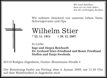 Todesanzeige von Wilhelm Stier von OFFENBACH-POST/HANAU-POST