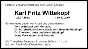 Todesanzeige von Karl Fritz Wittekopf von OFFENBACH-POST/HANAU-POST