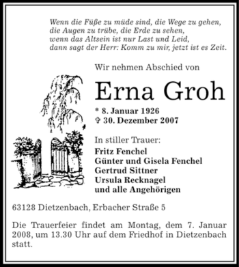 Todesanzeige von Erna Groh von OFFENBACH-POST/HANAU-POST