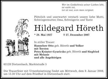 Todesanzeige von Hildegard Höreth von OFFENBACH-POST/HANAU-POST
