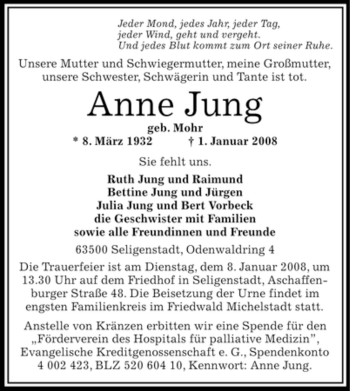 Todesanzeige von Anna Jung von OFFENBACH-POST/HANAU-POST