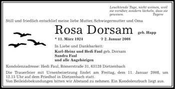 Todesanzeige von Rosa Dorsam von OFFENBACH-POST/HANAU-POST
