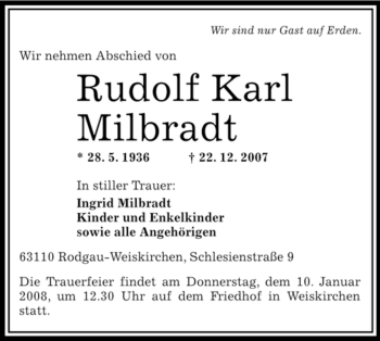 Todesanzeige von Rudolf Karl Milbradt von OFFENBACH-POST/HANAU-POST