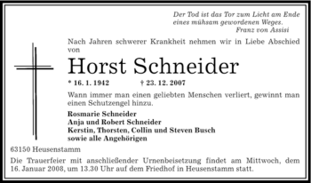 Todesanzeige von Horst Schneider von OFFENBACH-POST/HANAU-POST